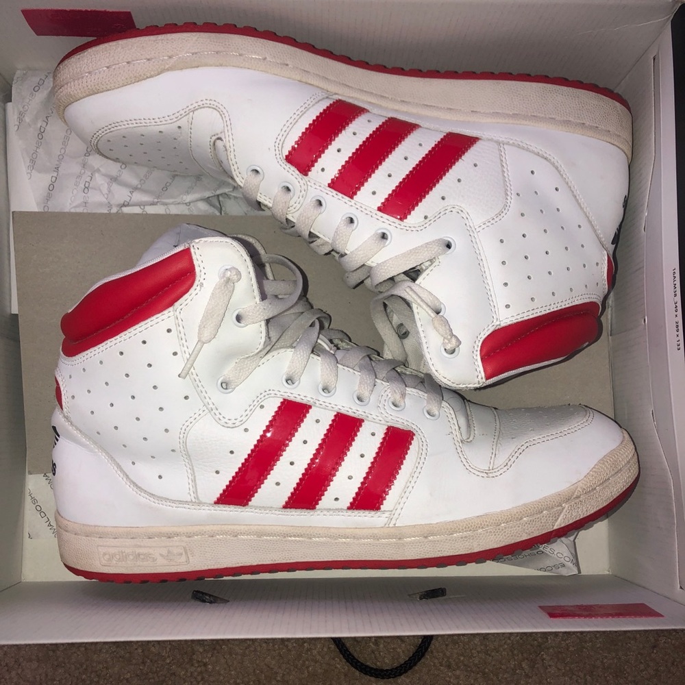 Red and white Adidas men’s shoes size 12